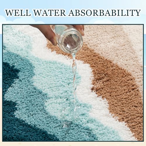Breling Bath Mat Set of 2 Ocean Beach Teal Fluffy Absorbent Microfiber Rugs Non Slip Bath Mats for Bathroom Floor Tub and Shower, Washable, Ultra Soft, Quick Dry (32 x 20 Plus 24 x 17 - Inches) - style: Ocean Beach