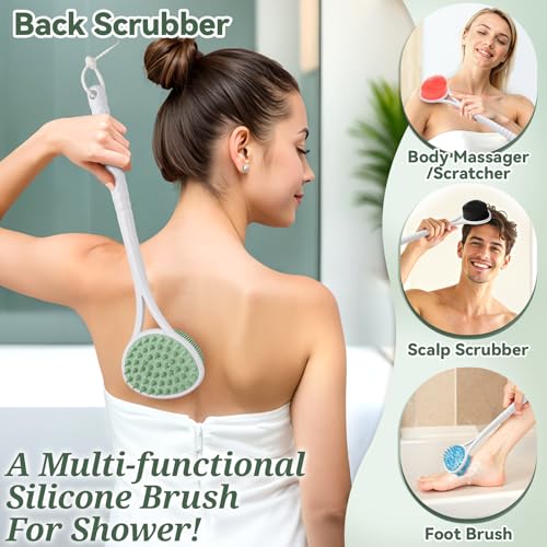 Silicone Back & Face Scrubber Set, 15.35’’ Soft Back Scrubber for Shower with Dual-Side Brush Head, Gentle Silicone Facial Scrubber Face Brush for Deep Lathering & Cleansing(Green-2PCS) - color: Green*2