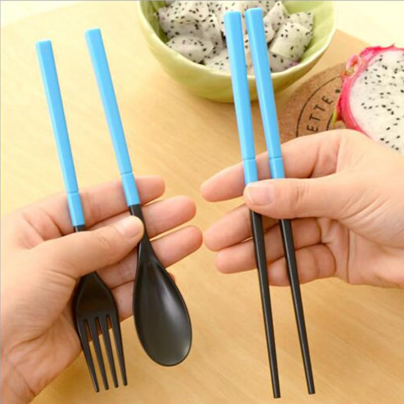 Unomor Portable Folding Tableware Set with Case 3-Piece Plastic Cutlery Set with Chopsticks Fork and Spoon Lightweight Travel Cutlery for Camping Outdoor Dining Lunch 4.72 X 2.36 X 0.90 in