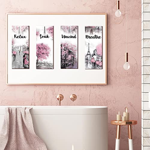 Gerrii 4 Pcs Pink and Grey Bathroom Decor Paris Decor Relax Soak Unwind Breathe Wall Art Farmhouse Bathroom Wedding Newlywed Home Spa Laundry Accessories Wood Hanging Sign(11.81 x 3.15 Inch,Rectangle) - size: 11.81 x 3.15 Inch, style: Rectangle