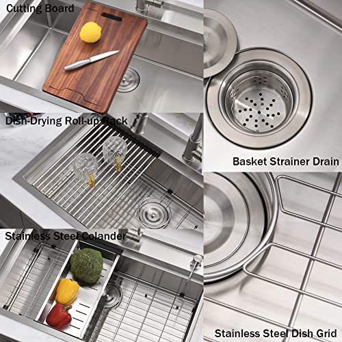 33 Inch Drop In Kitchen Sink Workstation - VOKIM 33X22 Inch Drop In Sink Stainless Steel Splash Guard 16 Gauge 10'' Deep Single Bowl Handmade Topmount Sink with Cutting Board& Strainer - color: Stainless Steel （Splash Guard）, size: 33"L x 22"W x 10"D