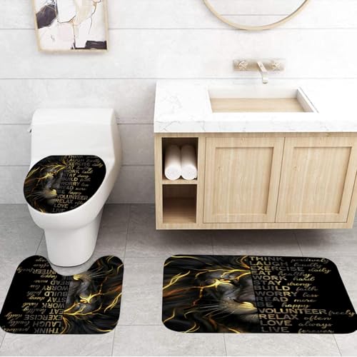 4 Pcs Black Gold Lion Shower Curtain Set with Rugs and Toilet Lid Cover, Inspirational Quotes Waterproof Fabric Bathroom Set, Black Lion Shower Curtain Bathroom Decor Set Accessories with 12 Hooks - color: Black Gold Lion