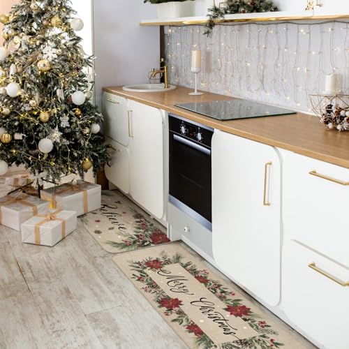 Drydiet 3 Pcs Christmas Poinsettia Kitchen Mat and Rug Non Slip Doormat Washable Waterproof Floor Mats Farmhouse Holiday Kitchen Decor for Home Floor Office Bathroom Party Rustic Decor - color: Red, style: Poinsettia