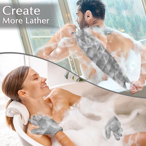 Anezus Exfoliating Back Scrubber Bath Gloves Set, Exfoliating Shower Towel with Shower Gloves for Body Scrub, Back Cleaner Wash Gloves to Remove Dead Skin (Grey) - color: Grey
