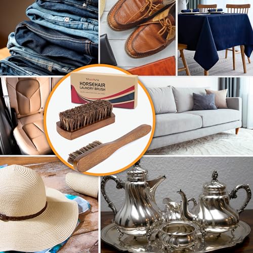 TAKAVU Horse Hair Laundry Brush Set of 2, Soft Natural Bristle | Horsehair Stain & Scrub Brush for Clothes, Fabric & Upholstery, Gentle on Knits, Cotton & Linen, Washable - color: Brown Horse Hair