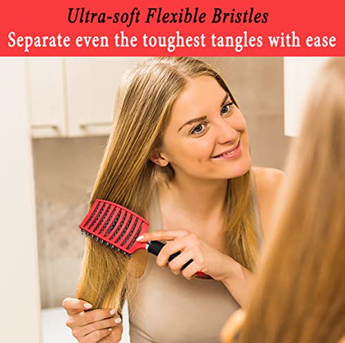 KTKUDY Detangling Brush Boar Bristles Hair Brush Make Hair Shiny & Healthier Curved and Vented Detangler Brush for Women Men Kids Wet and Dry Hair (Red) - color: Red