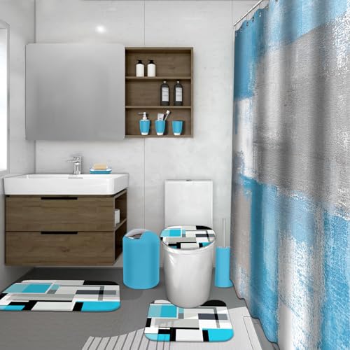 Lnond Blue Bathroom Set, 23-Piece Blue Grey Abstract Bathroom Decor Set with with Shower Curtain and Rugs, Trash Can, Toilet Brush Holder Set & Soap Dispenser - style: Blue Abstract