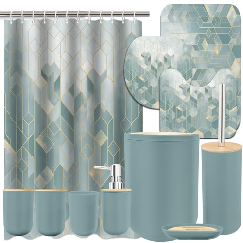 Lnond Blue Green Bathroom Set, Blue Green Abstract Cubes Bathroom Accessories Sets Complete, Luxury Restroom Set with Shower Curtain and Rugs, Trash Can, Toilet Brush Holder Set & Soap Dispenser - style: Blue Green