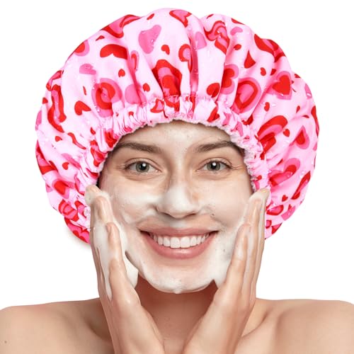 Shower Cap for Women Terry Lined Bath Cap Large Reusable Waterproof Elastic Band Pink Love Shower Caps for Long Thick Hair Soft Bath Shower Hair Caps - color: Pink Cute Hearts