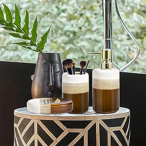 Bathroom Accessories Set of 3, Natural Reactive Glaze Ceramic Bathroom Sets Complete-Toothbrush Holders, Soap Dispenser, Soap Dish, Luxury Bathroom Decor, Bathroom Countertop Organizer, Brown Gold - size: BrownWhite3pcs