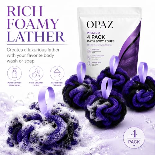OPAZ Shower Loofah Sponge 4 Pack, Exfoliating Bath Sponges for Women & Men, Soft Body Scrubber Pouf for Rich Lather, Deep Cleansing Shower Puff with Hanging Loop, Purple Loofahs for Body Wash