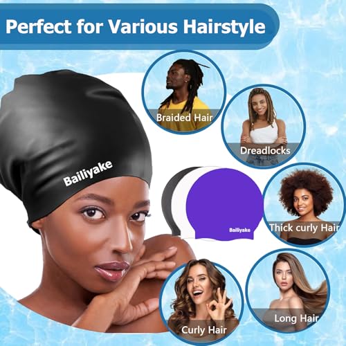 3 Pack Extra Large Swim Cap for Braids & Dreadlocks - Waterproof Silicone Swim Hat for Women with Long Thick Hair, Protective Swim Cap Cover Ears for Swimming, Shower, Bathing - color: Black+Purple+White