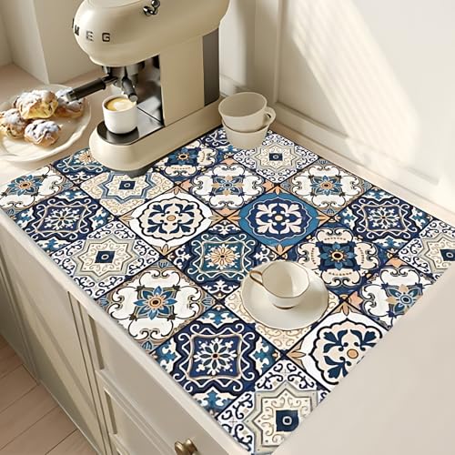 2Pcs Dish Drying Mats Faucet Mats Sets Large Size Coffee Mats Sink Faucet Mat Splash Guard for Kitchen Counter Bathroom Sink Coffee Bar Kitchen Decor (Blue Boho, 18"x24" 15" x 5.5"Set) - color: Blue Boho
