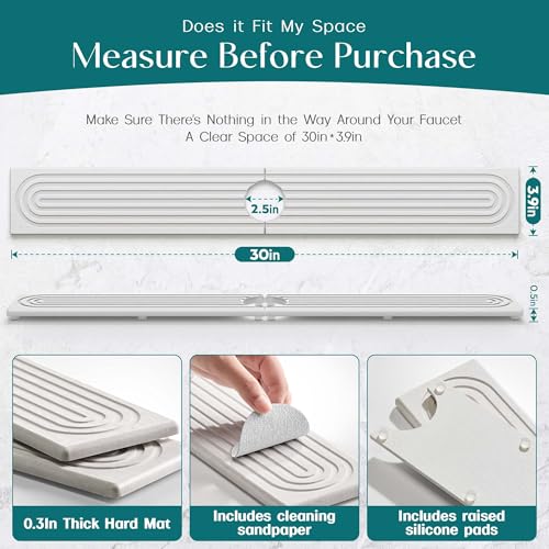 eormoe 30 Inch Faucet Mat for Kitchen Sink - Instant Dry Sink Protector for Countertop, Extra-Long Diatomaceous Earth Stone Sink Tray Around Faucet for Kitchen Bathroom RVs (Light Grey, 30" x 3.9") - color: Light Grey, size: 30" x 3.9"