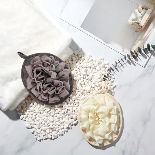 Boao 6 Pcs Bath Shower Pouf Sponge Mesh Pouf Shower Ball Exfoliating Body Sponge Pad Scrubber Glove with Flower Bath Ball (Khaki,Dark Brown,Beige) - style: Khaki, Dark Brown ,Beige