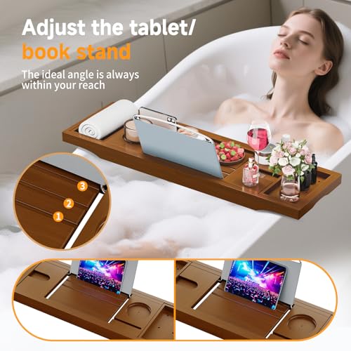 Foldable Bathtub Caddy Tray, Bamboo Bath Tub Tray Table for Tub with Wine Glass Holder Book Phone Tablet Holder with Extending Sides, Adjustable Bathroom Bathtub Free Soap Holder Gift Idea (Walnut) - color: Walnut