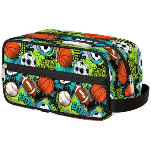 Kids Travel Toiletry Bag - Waterproof Hanging Cosmetic Hygiene Bags for Boys Men - Large Shave Kit for Toiletries Accessories Bathroom Stuff, Basketball Baseball Sports - color: Basketball Baseball Sports