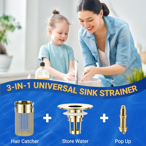 Bathroom Sink Drain Strainer, Pop-Up Bathroom Sink Stopper with Removable Stainless Steel Hair Catcher Basket, Universal Fit for US Bathroom Sinks, Showers & Floor Drains (1pcs-Gold) - color: 1pcs-gold