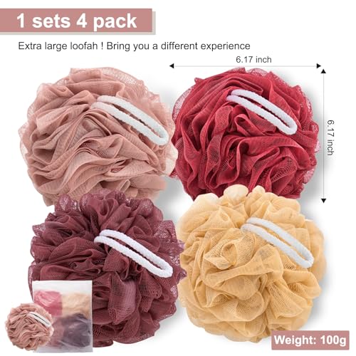 MTDLYICE Loofah Sponge XXL-100g 4 Pack, Bath Sponge Soft Mesh Shower Puff Loofah for Men, Exfoliating Body Scrubber for Women, Shower Accessories (Cherry Red) - style: 100g Cherry Red