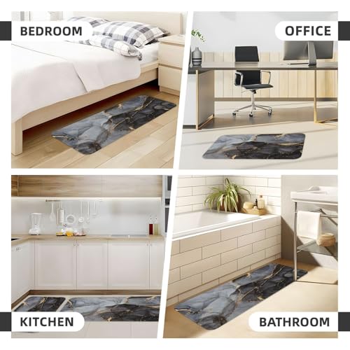 Black Grey Marble Print Kitchen Rugs Microfiber Floor Mats Cushioned Carpet Runner Rug for Laundry Bathroom Living Room, 2 Piece Set 17"X 47" + 17"X 30" - color: Black Grey Marble Print