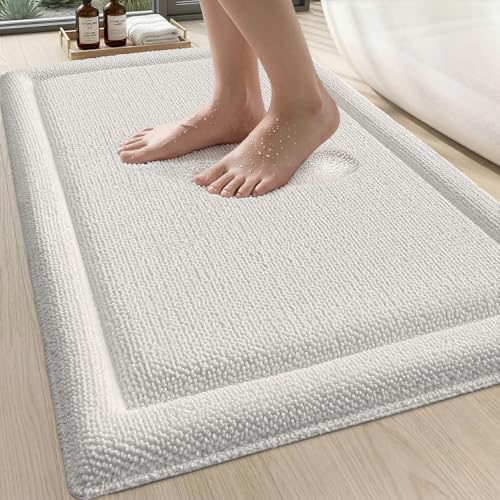 DEXI Memory Foam Bath Mat 24x17, Soft Absorbent Chenille Bathroom Rug, Non Slip Quick Dry Bath Mats for Bathroom, Thick Plush Floor Carpet for Tub Shower, Sink, Ivory - color: Ivory, size: 24" X 17" (Rectangular)
