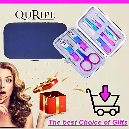 QURIPE 7pcs Manicure Set, Nail Clippers Kit, Stainless Steel Manicure Kit, Nail Clipping Tools Portable Travel Grooming Kit, The Best Gift with Luxurious Case(Multicolor) - color: Rainbow