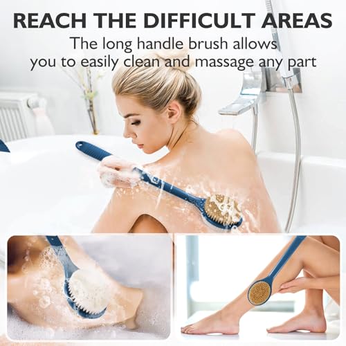 VANZAVANZU 17 Inch Anti-Slip Long Handle Back Scrubber for Shower – Dual-Sided Shower Brush and Shower Back Scrubber with Soft and Stiff Bristles for Wet or Dry Brushing (Navy Blue) - size: 17 in - Navy Blue