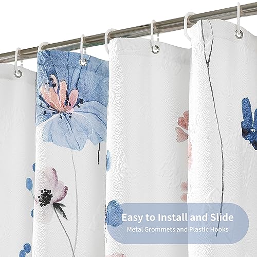 QIYI Small Stall Half Watercolor Floral Shower Curtain, 3D Embossed Butterflies Blue Flower Cloth Bathroom Curtain, Waterproof Fabric White Shower Curtain Set with Hooks - color: Blue, size: 36"W x 72"L (Pack of 1)