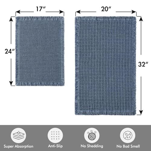 MIULEE Set of 2 Waffle Bathroom Rugs, Boho Bath Rugs Non Slip Washable, Super Absorbent Bath Mats, Ultra Soft Rubber Backed Shower Mats for Bathroom Floor, Tub and Shower, Blue, 17"x24"+20"x32" - color: Blue, size: 17''x24'' + 20''x32''