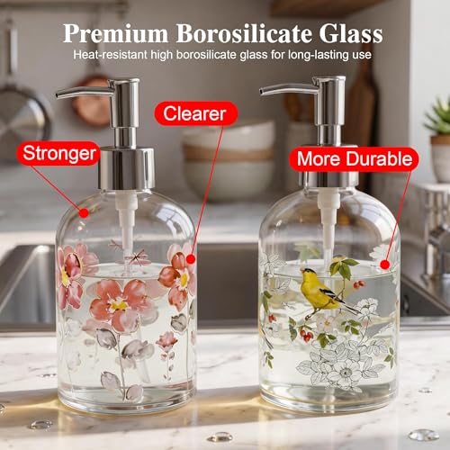 Topadorn Hand and Dish Soap Dispenser Set, 2 Pack 17oz Glass Soap Dispensers with Pump, Refillable Kitchen Soap Bottles, Floral & Goldfinch Decorative Bathroom Counter Decor - color: Purple&bird