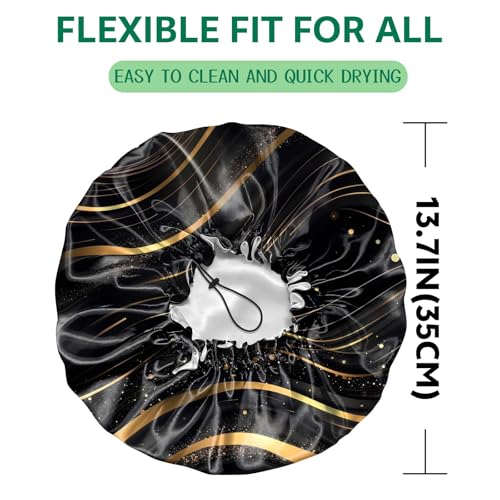2 PCS Shower Cap Waterproof Double Layer Elastic Adjustable Reusable Hair Bath Caps for Girls Women Cute Aesthetic-Black 2 - color: G12-Black 2