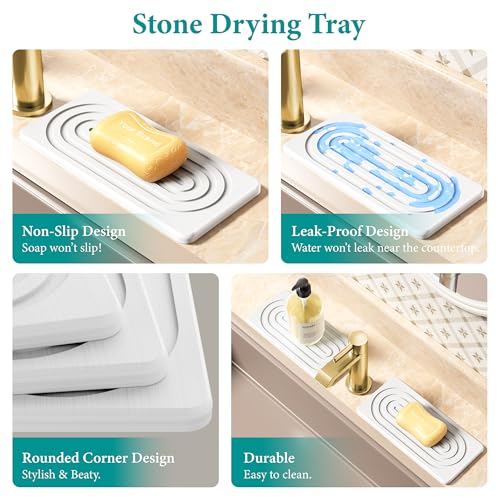 Water Absorbing Stone Tray, Quick Drying Diatomite Bathroom Tray Countertop, Stone Drying Mat for Kitchen Counter, Soap Dish Dispenser Vanity Organizer, White-A-12.2" x 4" - color: 12.2" X 4"-White-A