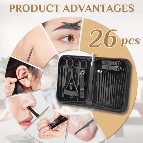 MINKINH Manicure Set Professional Nail Clipper Kit-26 Pieces Stainless Steel Manicure Kit,Nail Care Tools with Luxurious Travel Case Nail Grooming Kit Present for Men Husband Boyfriend Parent (Black) - color: Black