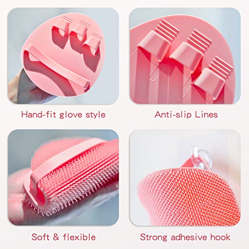 Manmihealth Silicone Back Scrubber (Thick Bristles) & Bath Glove & Face Brush Set (3PCS), Super-Exfoliating & Lathering Body Scrubber, Shower Brush, Face Scrubber Combination, with a Free Hook (Pink) - color: Pink, size: Thick Bristles Set