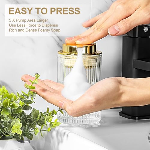 KASUNTING Foaming Soap Dispenser, 11 Fl Oz Clear Glass Foam Hand Soap Dispenser for Bathroom & Kitchen, Refillable Foaming Bottle with Gold Pump, Modern Ribbed Dish Soap Foam Dispenser - color: Clear Bottle+ Gold Pump, size: Foam-1 Pack