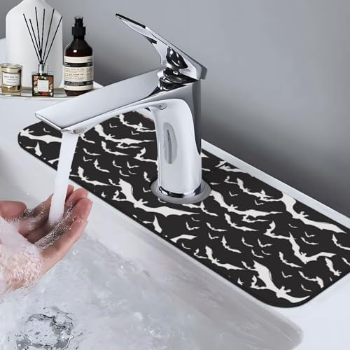 Bats Halloween Goth Silhouettes Black White 15" X 5.5" Kitchen Sink Splash Guard Faucet Faucet Guard Draining Mat Sink Splash Guard Faucet Kitchen Bathroom - color: Bats Halloween Goth Silhouettes Black White