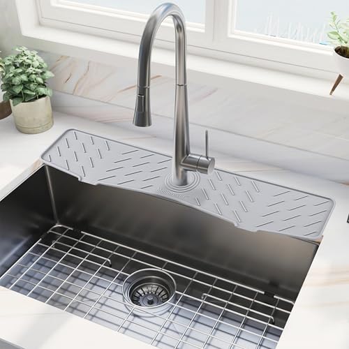 Faucet Mat for Kitchen Sink – 24” x 5.1” Extra-Long Silicone Splash Guard with 10° Slope & Upgraded Drainage – Gen 3 Sink Water Catcher & Sponge Holder for Kitchen, Bathroom (Gray) - color: Gray, size: 24 in