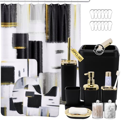 XLHOMO Bathroom Set - Black Bathroom Accessories Set, Bathroom Sets with Shower Curtain and Rugs, Black Shower Curtain Set with Bathroom Trash Can, Soap Dispenser, Soap Dish for Home Decor - color: Plaid Black & Gold, size: Complete Set + Bath Rugs