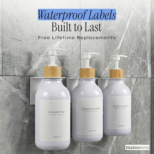 Shampoo and Conditioner Dispenser Wall Mounted Set of 3 White Bamboo - No Drill Shower Soap Dispenser for Bathroom Refillable - Spa Hotel Style Accessories by MaisoNovo - color: White Bamboo Set of 3