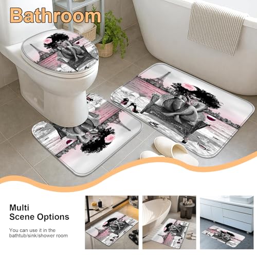 4Pcs Black Girls Bathroom Sets with Shower Curtain and Rugs, African Shower Curtain Set for Women, Eiffel Tower Pink Pattern Waterproof Fabric with 12 PCS Hooks, Cortina de baño Set completo - color: Pink