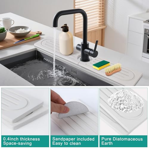 23.6" Drying Stone Faucet Mat for Kitchen Sink - Diatomite Quick Dry Splash Guard, Water Absorbent Stone Tray, Durable Protector for Bathroom Counter (White, 23.6" x 3.9")