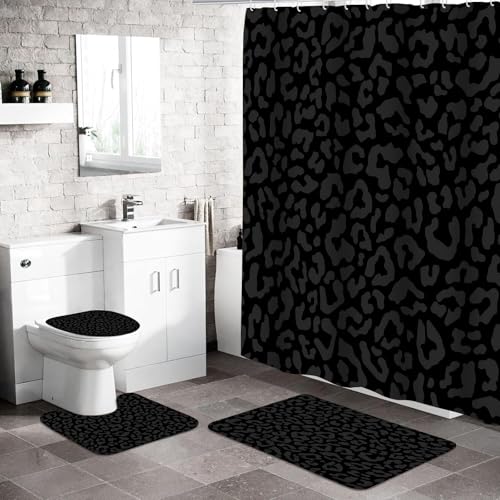 4 PCS Leopard Shower Curtain Cheetah Print Shower Curtain Sets Non Slip Bathroom Rugs Soft Plush Bath Mat Toilet Lid Cover Animal Print Shower Curtain with 12 Hooks for Bathroom Tub, Black - color: Black