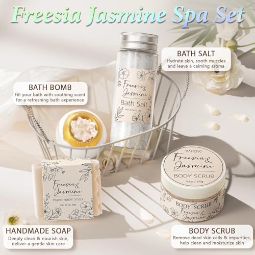 Spa Gifts for Women Bath Gift Set, Freesia & Jasmine Spa Gift Basket Home Bath Set Self Care Kit Care Package Thank You Birthday Mothers Day Easter Gifts for Women Her Mom Friend Sister Teen Girl Wife - color: Beige-Freesia & Jasmine