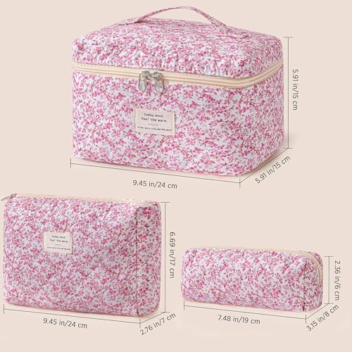 HBselect Quilted Makeup Bag, 3PCS Cotton Large Travel Makeup Bag, Cute Floral Coquette Make up Bag Cosmetic Bag Toiletry Bag for Women Girls - color: A-3PCS-Floral 20