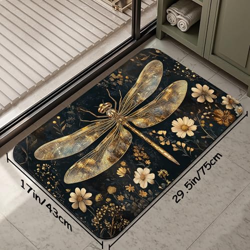 Vintage Dragonfly Bathroom Rug 29.5"x17",Flowers Quick-Drying Super Absorbent Diatomite Bath Mat with Non-Slip Backing, Thin Washable Bathroom Floor Mat Fits Under Door for Shower, Sink, or Tub - color: Vintage Dragonfly Flowers