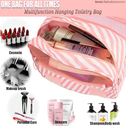 L&FY Hanging Travel Toiletry Bag Women's Cosmetic Organizer Makeup Case Pouch Men's Shaving Kits With Handle（Pink Stripe） - color: Pink Stripe, size: Compact Size
