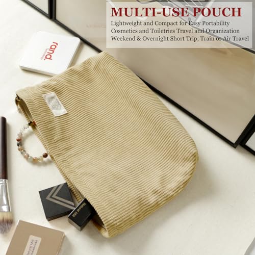 HAPPYHEIDI Cute Corduroy Makeup Bag with Pocket, Large Cosmetic Travel Pouch, Vintage Yellow, Lightweight, Zipper Closure, Canvas Lined - color: LG Camel Brown Corduroy