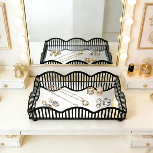 Black Metal Decorative Tray with Mirror Base - Square Multi-Purpose Tray for Bathroom, Living Room, Hallway and Kitchen (8.4"X5.8"X2") - size: 8.4" x 5.8" x 2"