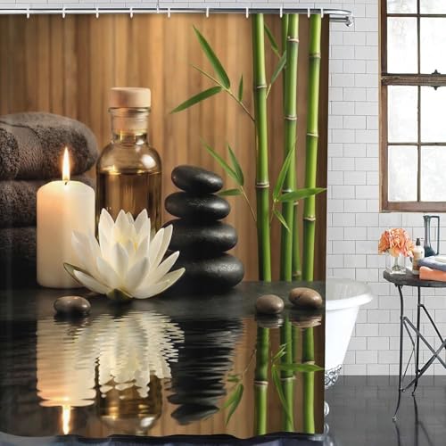 ArtSocket Green Bathroom Set with Shower Curtain and Rugs and Accessories, Bamboo Stones spa Oil Shower Curtain Set, Modern Zen Bathroom Decor 3 Pcs - color: Modern 1