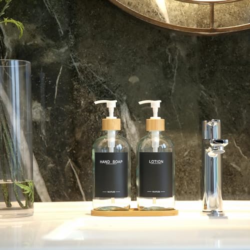 Clear Glass Soap Dispenser with Bamboo Pumps&Tray&Labels, Hand Dispenser, Lotion Dispenser, Dish Soap Dispenser for Kitchen Sink. (Clear) - color: Clear